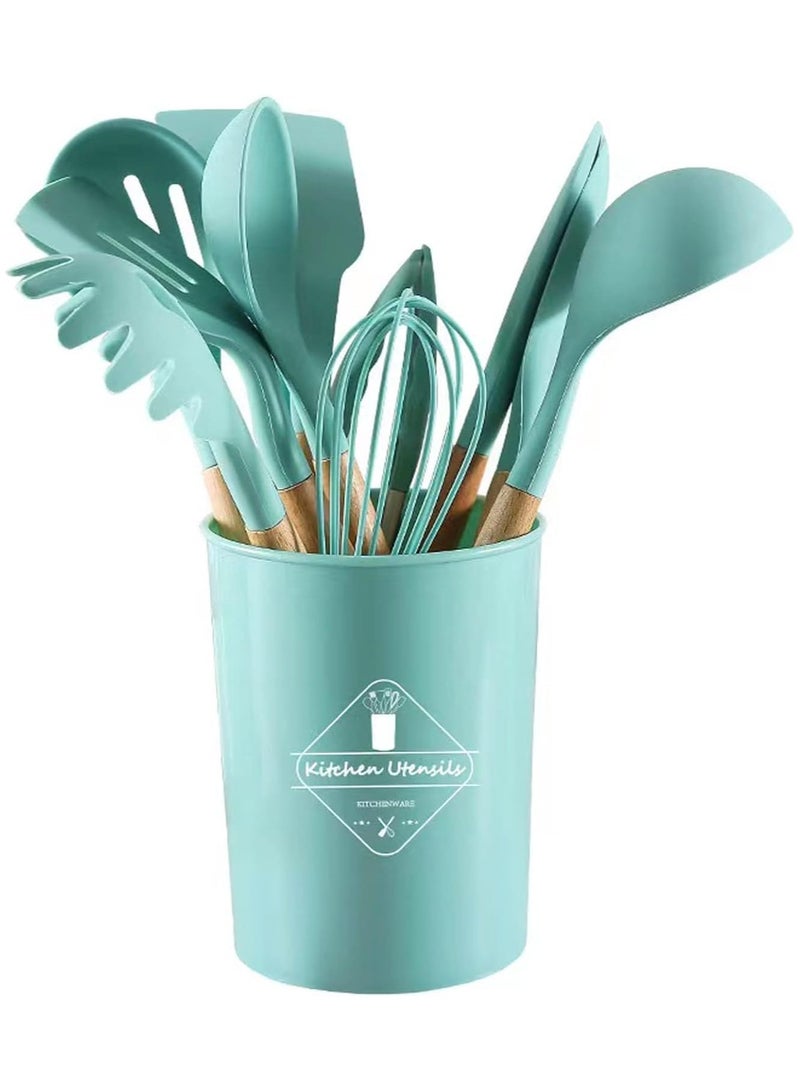 Cooking Utensils Set, 12 Pieces, Silicone and Wooden, Non-Stick, Heat Resistant (Green)  - Image 1