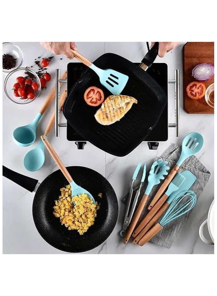 Cooking Utensils Set, 12 Pieces, Silicone and Wooden, Non-Stick, Heat Resistant (Green)  - Image 3