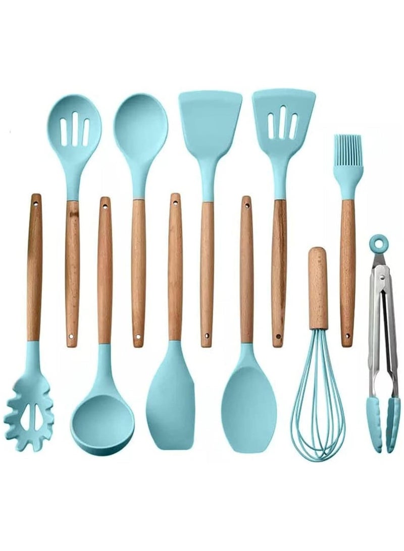 Cooking Utensils Set, 12 Pieces, Silicone and Wooden, Non-Stick, Heat Resistant (Green)  - Image 2