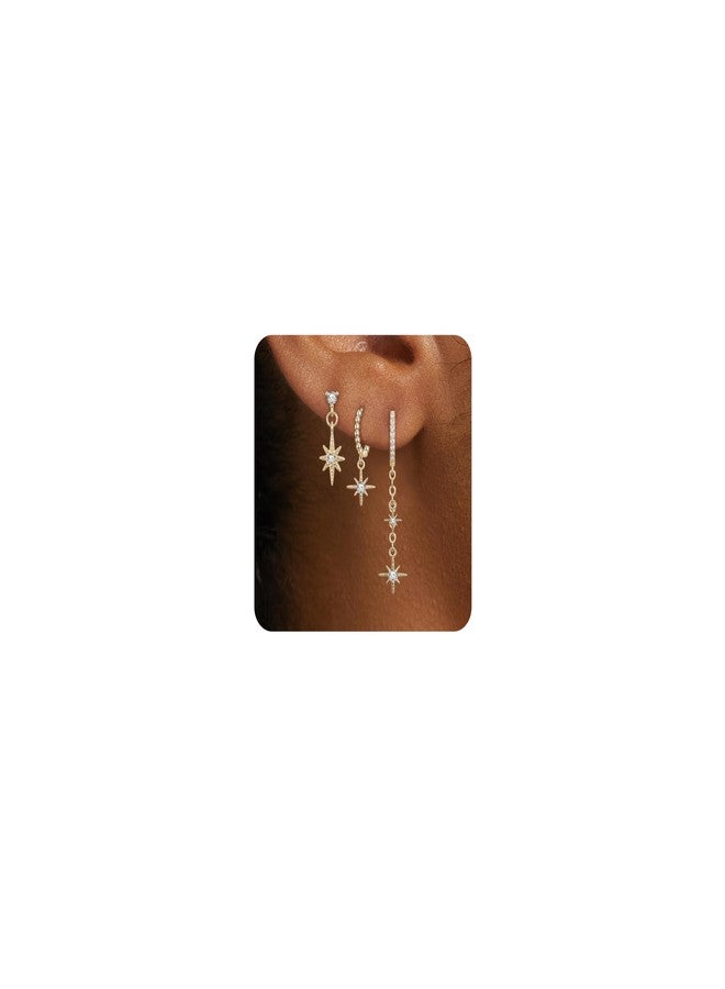 FANZE Dainty 3Pairs Moon Star Cubic Zircon Hoop Stud Earrings for Women Gold-Plated-Brass Cartilage Hypoallergenic Jewelry Gift for Birthday Gradution - Image 1