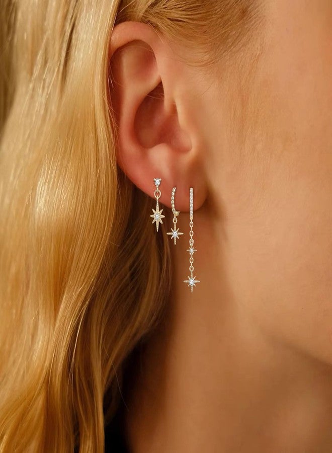 FANZE Dainty 3Pairs Moon Star Cubic Zircon Hoop Stud Earrings for Women Gold-Plated-Brass Cartilage Hypoallergenic Jewelry Gift for Birthday Gradution - Image 2