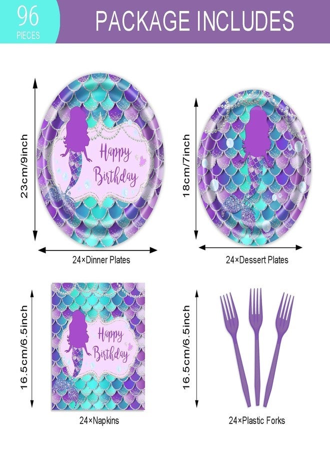 Vanulus 96 PCS Mermaid Birthday Party Supplies Set Mermaid Plates and Napkins Birthday Party Tableware Packs Decorations Little Mermaid Disposable Paper Plates Napkins Forks Serve 24 Guests - Image 2