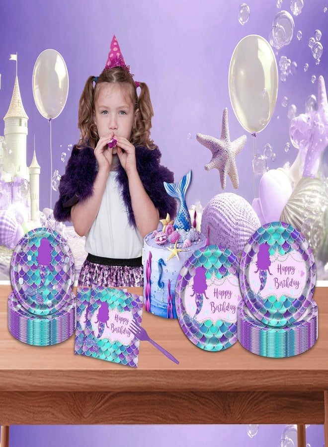 Vanulus 96 PCS Mermaid Birthday Party Supplies Set Mermaid Plates and Napkins Birthday Party Tableware Packs Decorations Little Mermaid Disposable Paper Plates Napkins Forks Serve 24 Guests - Image 5