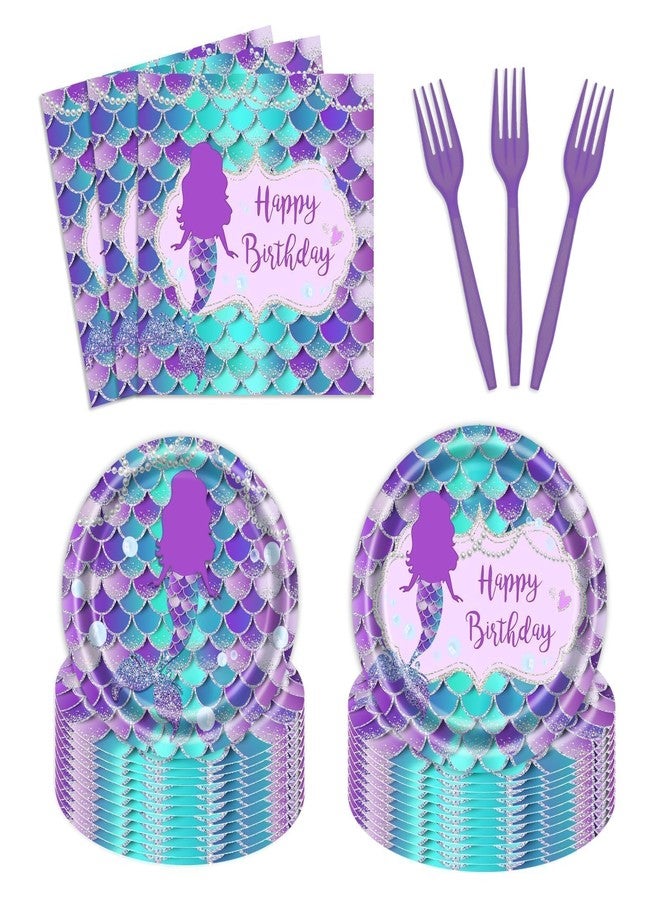 Vanulus 96 PCS Mermaid Birthday Party Supplies Set Mermaid Plates and Napkins Birthday Party Tableware Packs Decorations Little Mermaid Disposable Paper Plates Napkins Forks Serve 24 Guests - Image 1
