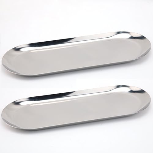 Fermus Stainless Steel Decorative Tray, Set of 2, 12 Inch Long, Jewelry Dish Cosmetics Organizer Bathroom Clutter Serving Platter Small Storage Tray, Oval, Silver - Image 1