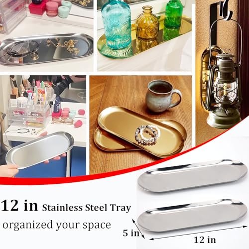 Fermus Stainless Steel Decorative Tray, Set of 2, 12 Inch Long, Jewelry Dish Cosmetics Organizer Bathroom Clutter Serving Platter Small Storage Tray, Oval, Silver - Image 2