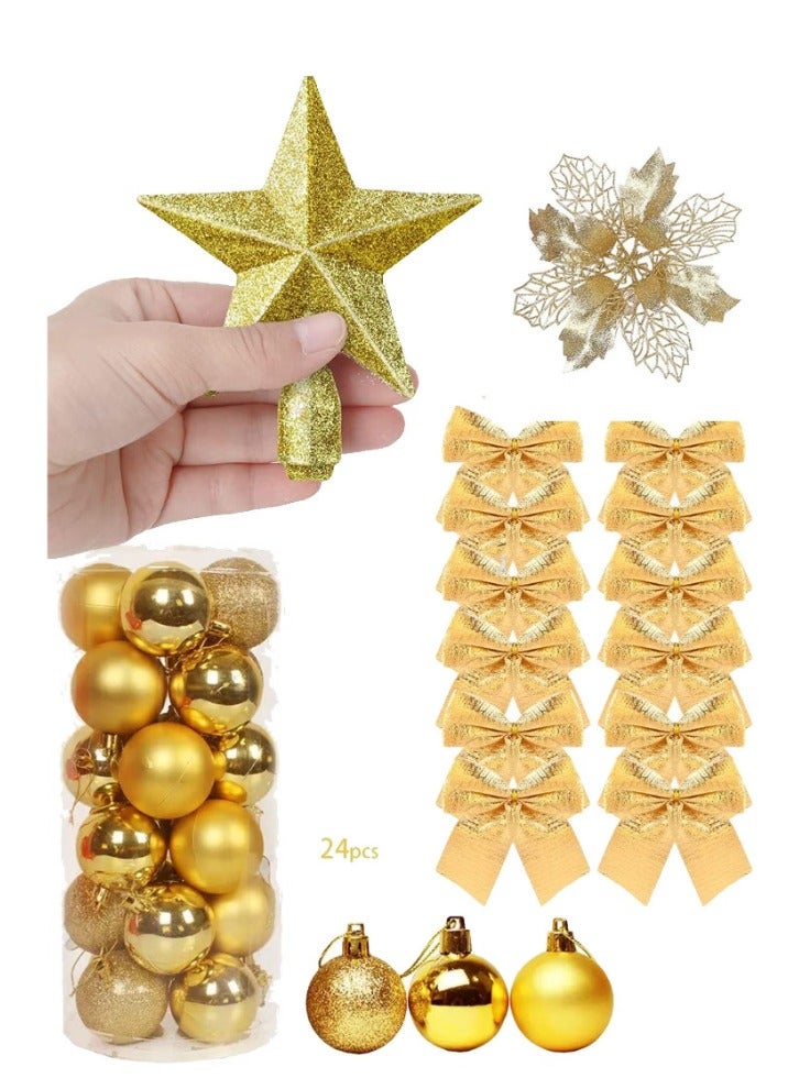 ACLIX 4 in 1 Christmas Decorative Accessories Pack for Home Decor with balls/bow/Tree Top Star/flower
