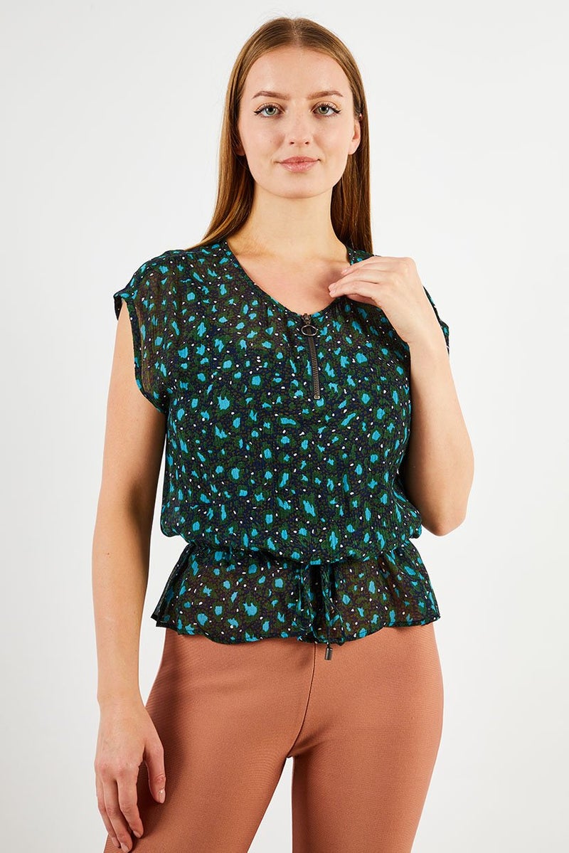 IKKS Women V-Neck Sleeveless Allover Print Top, Navy Blue - Image 1