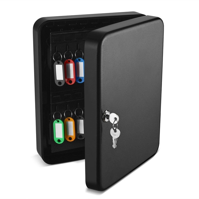 Flexzion Key Cabinet Key Lock Box Wall Mount with 60 Key Holder Organizer Locker Case Colored Key Tags  Hooks Wall Mounted Lock Box for Keys Storage Homes Property Hotels Business Black
