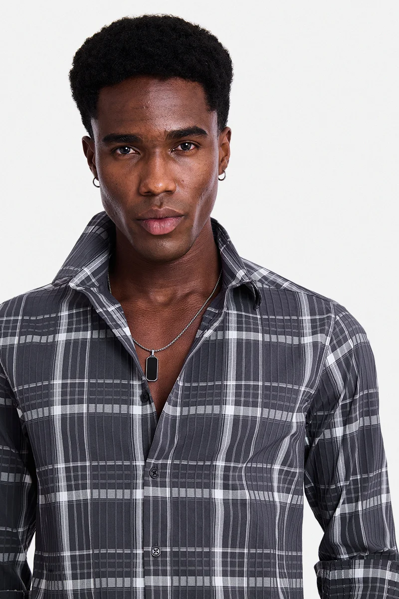 SNITCH Dark Grey Checkered Long Sleeve Slim Fit Shirt