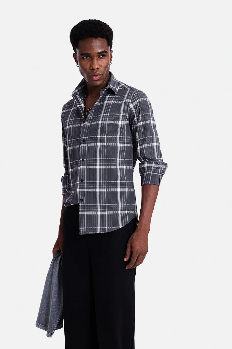 SNITCH Dark Grey Checkered Long Sleeve Slim Fit Shirt