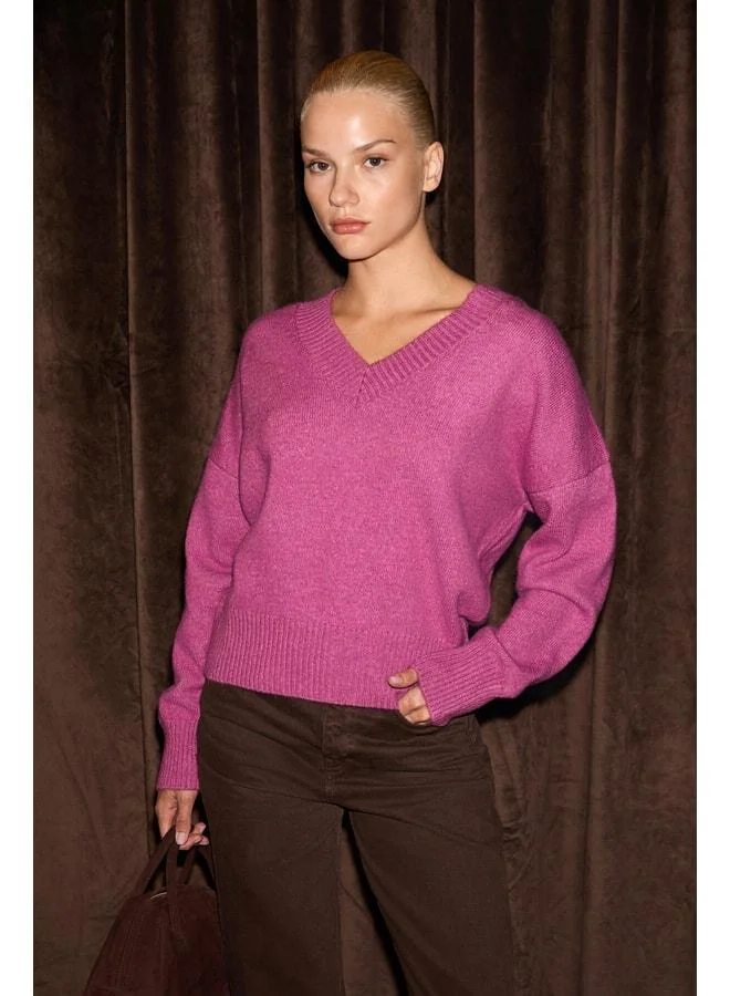 GRIMELANGE NORSHA Women's V‑Neck Soft‑Textured Relaxed Fit Knit Pink Sweater.