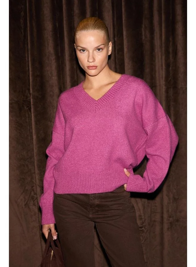 GRIMELANGE NORSHA Women's V‑Neck Soft‑Textured Relaxed Fit Knit Pink Sweater.