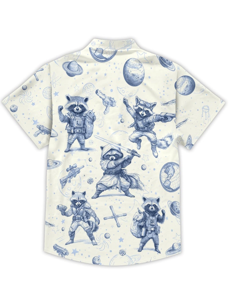 REVENEVER Funny Hawaiian Shirts for Men Short Sleeve Button Down Casual Shirts Summer Blue Sketch Raccoon Wars Print Tropical Beach Shirt - Image 3