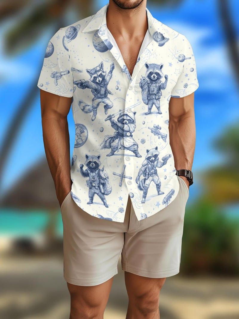 REVENEVER Funny Hawaiian Shirts for Men Short Sleeve Button Down Casual Shirts Summer Blue Sketch Raccoon Wars Print Tropical Beach Shirt - Image 2