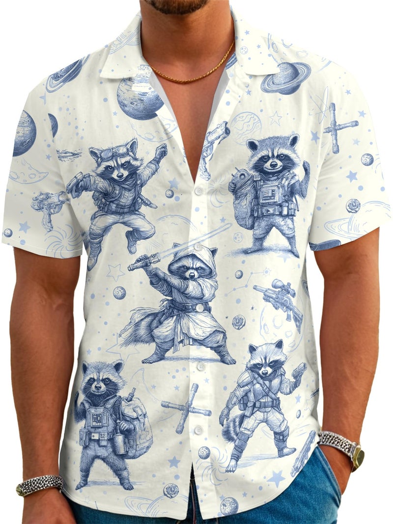 REVENEVER Funny Hawaiian Shirts for Men Short Sleeve Button Down Casual Shirts Summer Blue Sketch Raccoon Wars Print Tropical Beach Shirt - Image 1