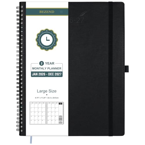 BEZEND Monthly Planner 2026-2027 (Spiral-8.5" x 11") 2 Year Calendar Book with Note Pages - Jan 26 to Dec 27-120 GSM Paper, Inner Pockets, Laminated Tabs, Vegan Leather Softcover - Black - Image 1