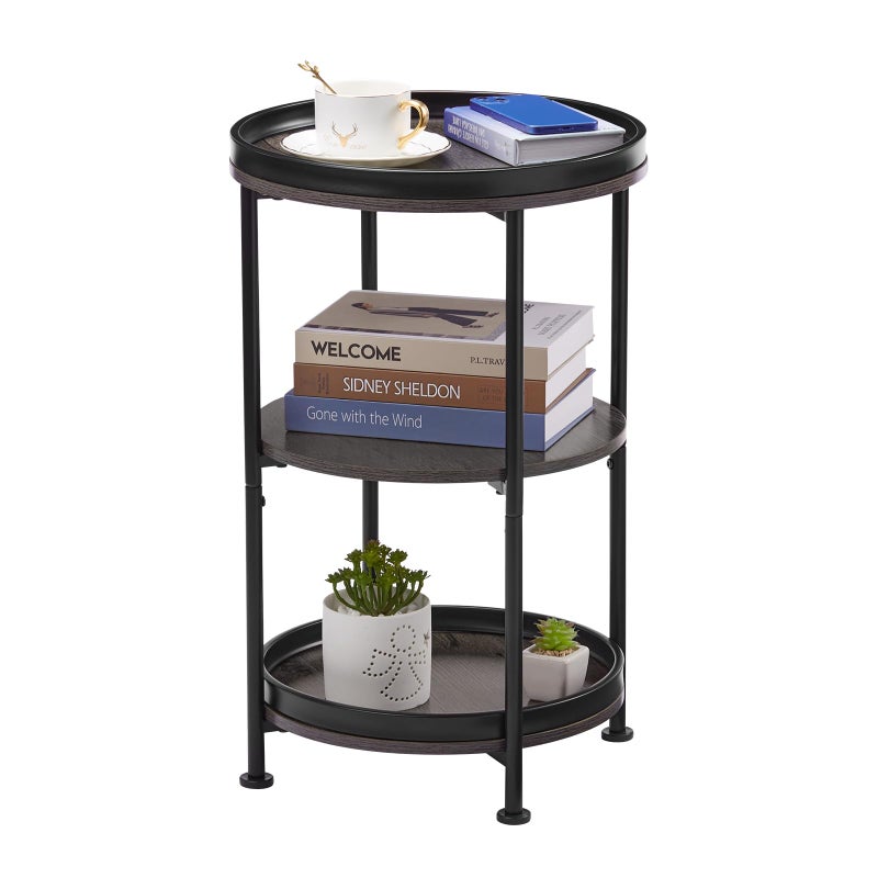 Dulcii Side Table, Round End Table with 3 Shelves for Living Room, Bedroom, Nightstand with Steel Frame for Small Spaces, Industrial Round Sofa Table, Outdoor Accent Coffee Table, Grey - Image 1