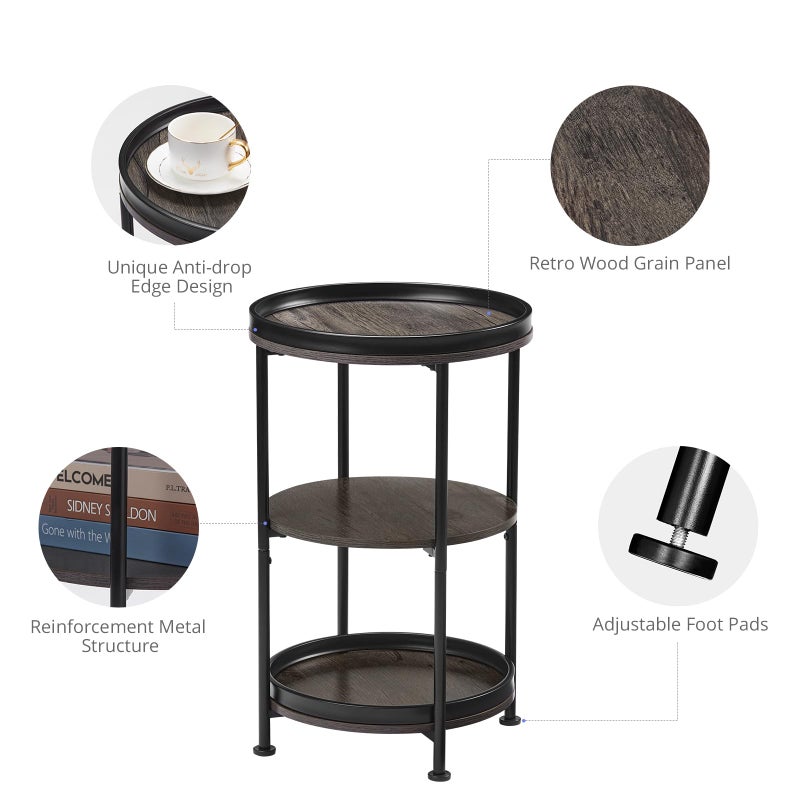 Dulcii Side Table, Round End Table with 3 Shelves for Living Room, Bedroom, Nightstand with Steel Frame for Small Spaces, Industrial Round Sofa Table, Outdoor Accent Coffee Table, Grey - Image 4