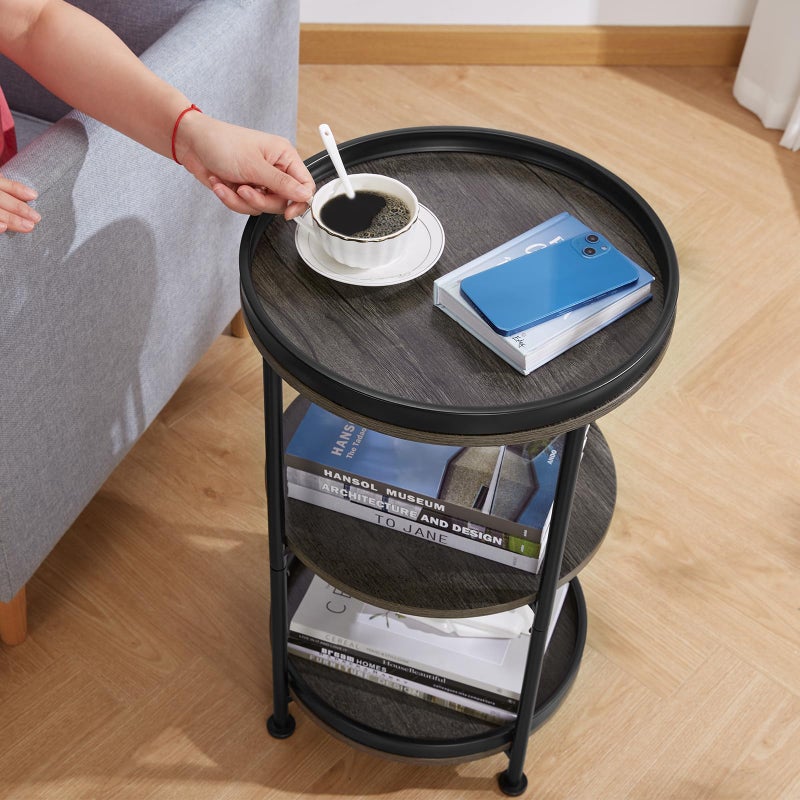 Dulcii Side Table, Round End Table with 3 Shelves for Living Room, Bedroom, Nightstand with Steel Frame for Small Spaces, Industrial Round Sofa Table, Outdoor Accent Coffee Table, Grey - Image 2