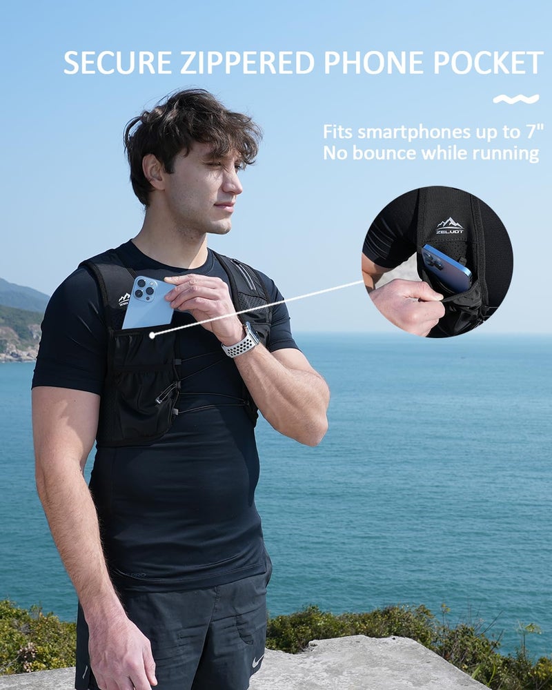 Zelvot Running Vest for Women Men, USA Original Patent, Adjustable Chest Straps Running Hydration Vest with 500ml Soft Flask, Lightweight Reflective Hydration Backpack for Hiking Marathon (Black, M/L) - Image 3