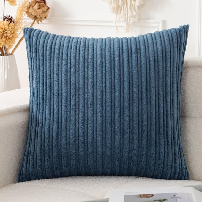 UGASA VELVET 18X18 INCH SOFT THROW PILLOW COVER DECORATIVE CORDUROY STRIPED BOTH SIDES SOLID SQUARE CUSHION CASE BOHO FARMHOUSE FOR COUCH BEDROOM SOFA HOME 1 PIECE DUSTY BLUE