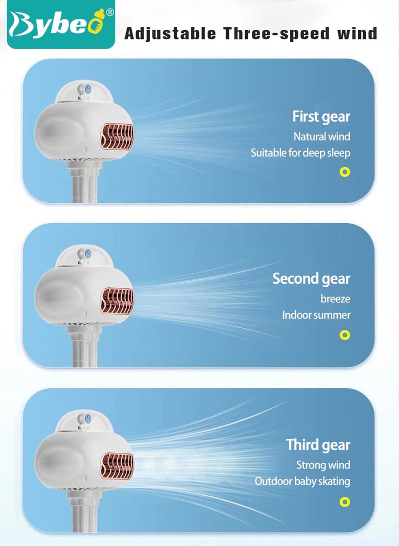 بيبو مروحة عربة أطفال محمولة، بدون شفرات، خيارات 3 سرعات، شحن USB، لا تصدر ضجيج، دوران 130°، مناسبة للعربة والمكتب والتخييم واليدوي والتعليق - Image 5