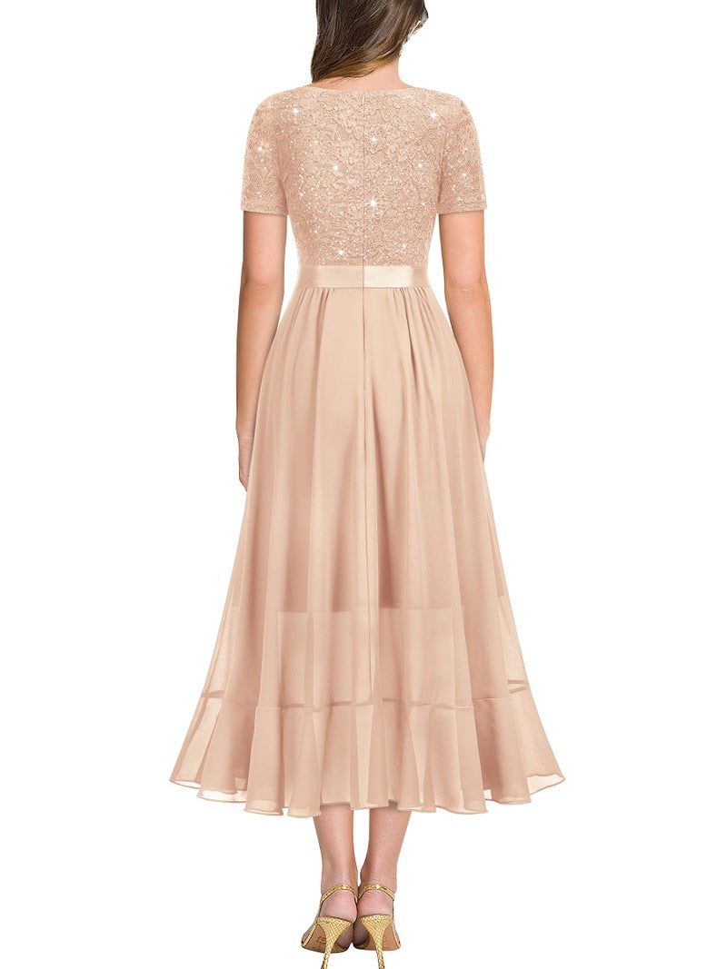 Miusol Women's Elegant V Neck Contrast Sequin Lace Chiffon Ruffle Split Evening Party Dress (XX-Large, Champagne) - Image 2
