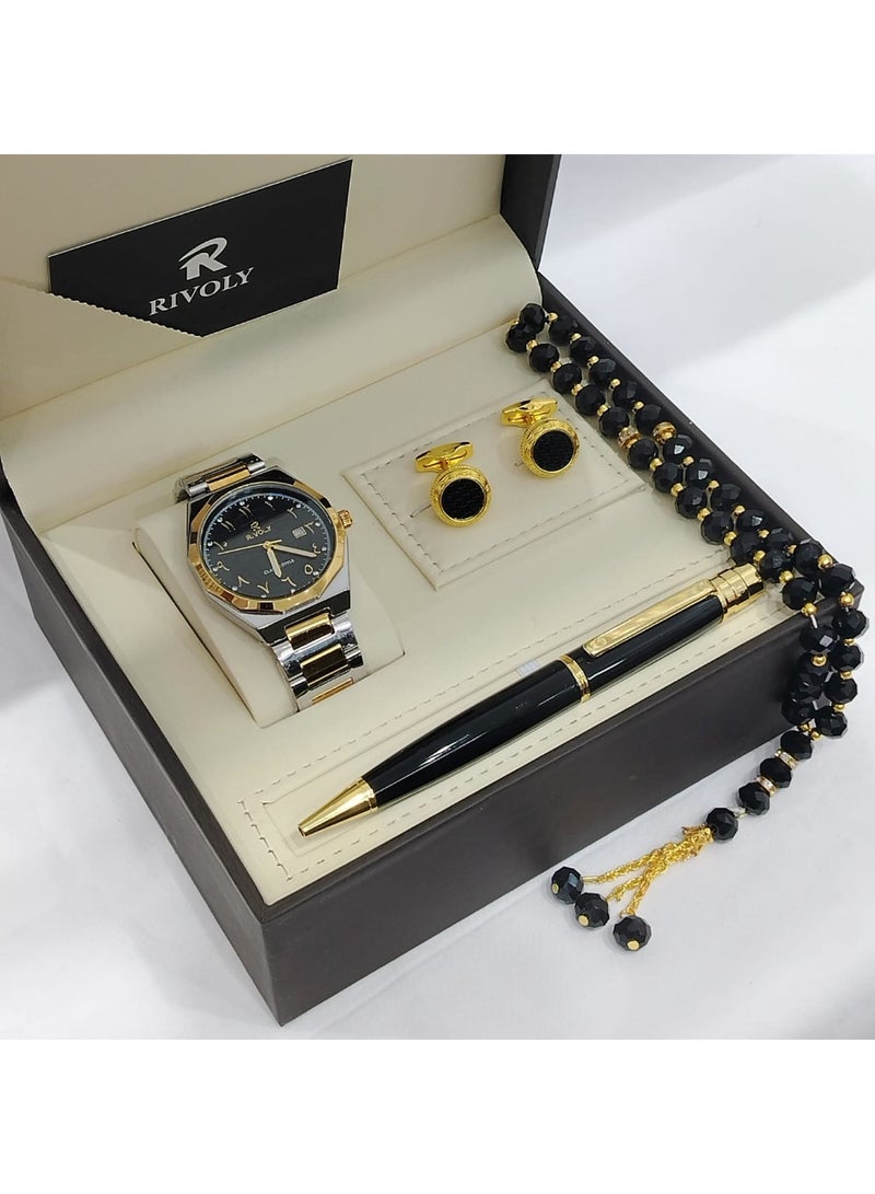 طقم رجالي من الستانلس ستيل يتكون من ساعة وسبحة وقلم وازرار اكمام