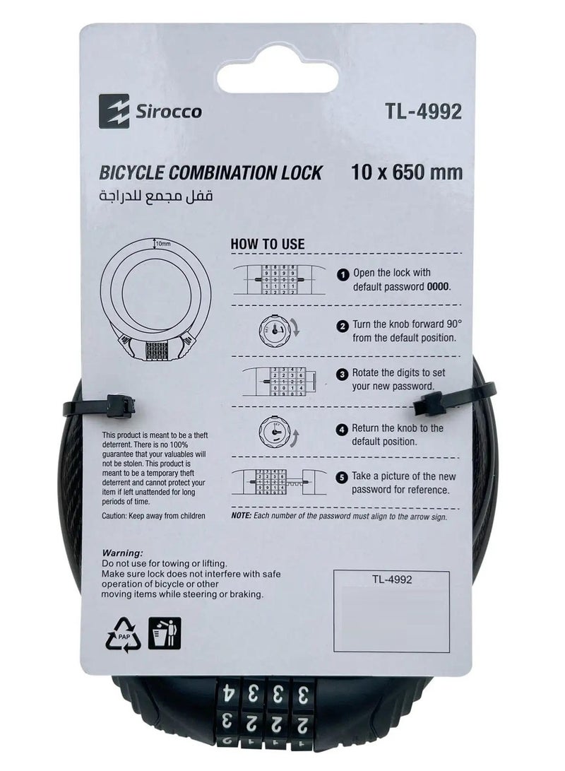 SIROCCO Bicycle Combination Lock 10X650 MM - Image 2