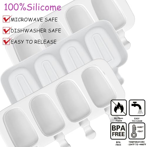 BZIDII 3pcs Large Silicone Popsicle Molds Set,BZIDII 4 Cavities Cake Pop Molds,Oval Ice Cream Bar Mold Ice Pop Cakesicle Molds Silicone with 100 Wooden Sticks & 100 Bags &100 Twist Ties(White) - Image 3