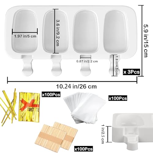 BZIDII 3pcs Large Silicone Popsicle Molds Set,BZIDII 4 Cavities Cake Pop Molds,Oval Ice Cream Bar Mold Ice Pop Cakesicle Molds Silicone with 100 Wooden Sticks & 100 Bags &100 Twist Ties(White) - Image 2