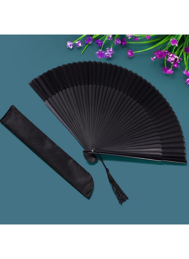 ووب مروحة يدوية قابلة للطي من الخيزران والحرير من ووبي، مروحة يدوية صينية يابانية مع شرابة خشبية ساحرة وأنيقة على الطراز القديم للنساء والفتيات وحفلات الرقص وديكورات المنزل (أسود) - Image 5