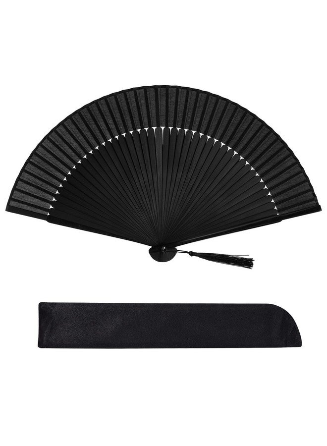 ووب مروحة يدوية قابلة للطي من الخيزران والحرير من ووبي، مروحة يدوية صينية يابانية مع شرابة خشبية ساحرة وأنيقة على الطراز القديم للنساء والفتيات وحفلات الرقص وديكورات المنزل (أسود) - Image 1