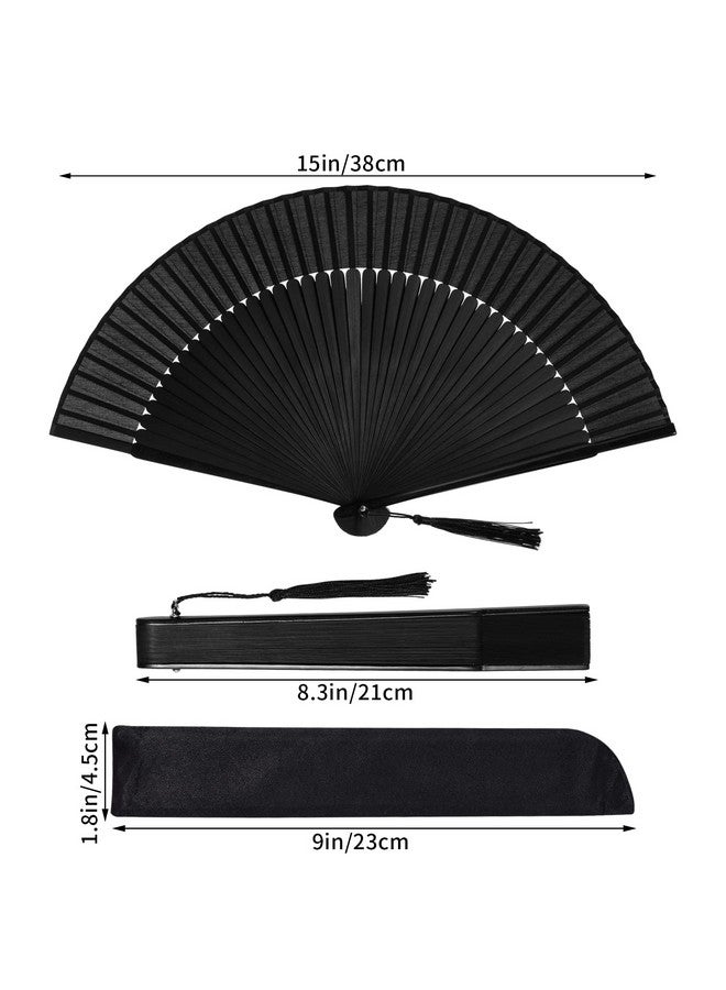 ووب مروحة يدوية قابلة للطي من الخيزران والحرير من ووبي، مروحة يدوية صينية يابانية مع شرابة خشبية ساحرة وأنيقة على الطراز القديم للنساء والفتيات وحفلات الرقص وديكورات المنزل (أسود) - Image 2