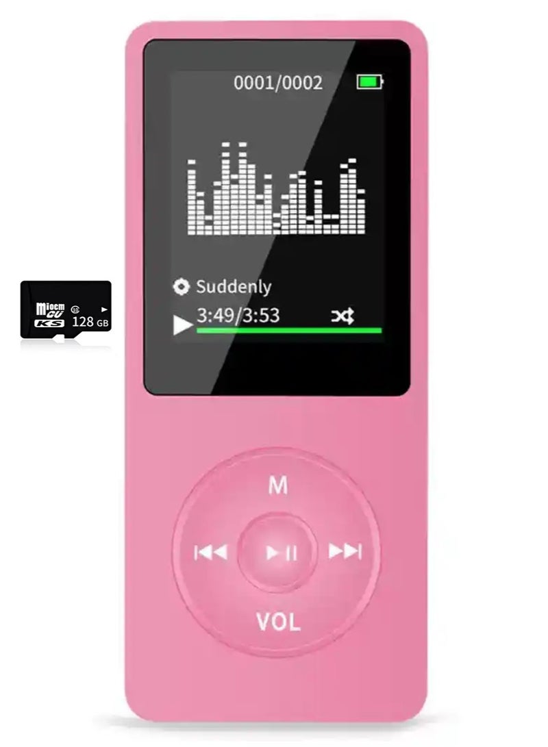 مشغل MP3 بلوتوث، سعة تخزين 128 جيجابايت، شاشة 1.8 بوصة، مكبر صوت مدمج، دعم راديو FM، تسجيل صوتي، متوافق مع الكتب الإلكترونية. مصمم للرياضة والجري، مشغل وسائط محمول (إصدار وردي) - Image 1