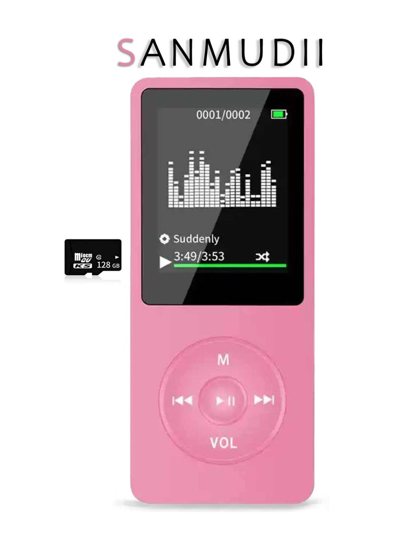 SANMUDII Bluetooth MP3 Player, 128GB Storage, 1.8-inch Display, Built-in Speaker, FM Radio Support, Voice Recording, E-book Compatible. Designed for Sports and Running, Portable Media Player (Pink Edition) - Image 1