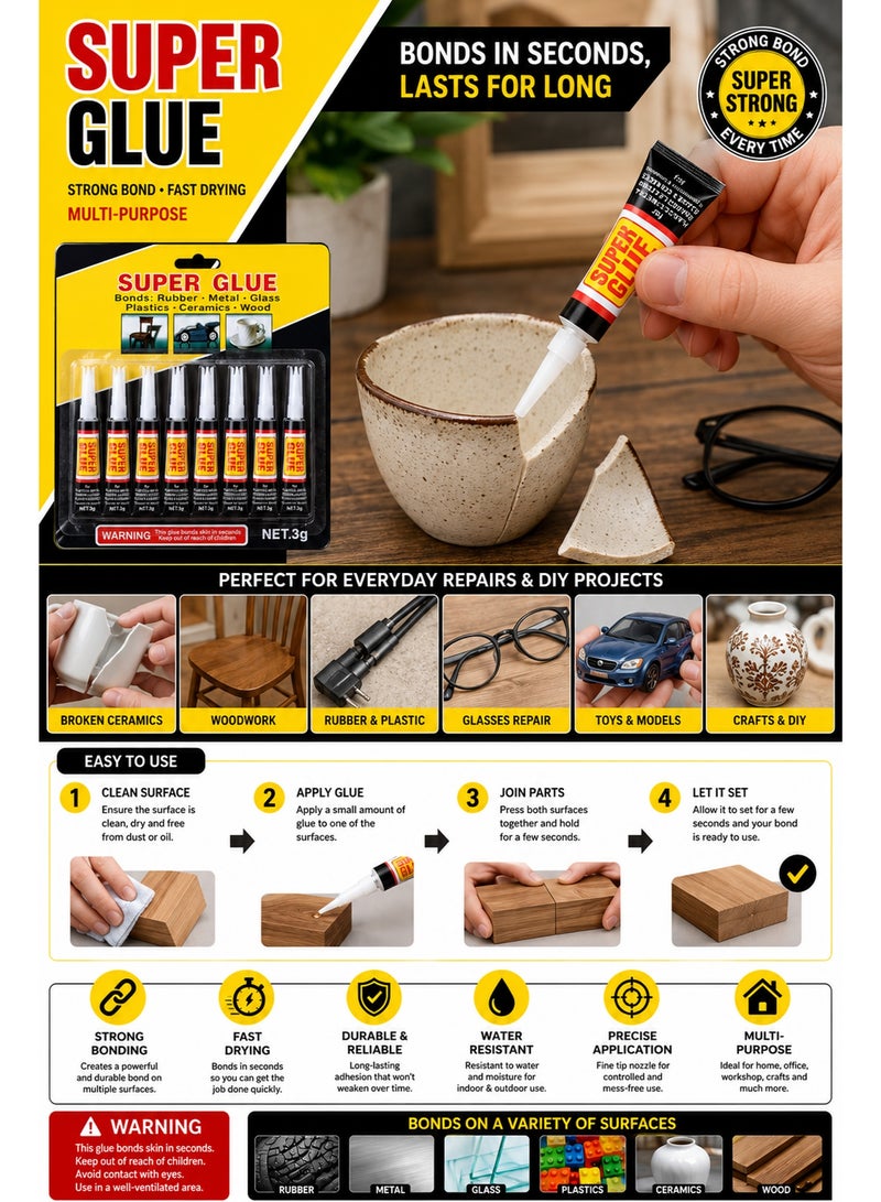 Super Glue Strong Instant Adhesive 8PCS – Fast Dry Multi-Purpose Cyanoacrylate Glue for Metal, Plastic, Rubber, Wood, Glass & Ceramic Repair - Image 2