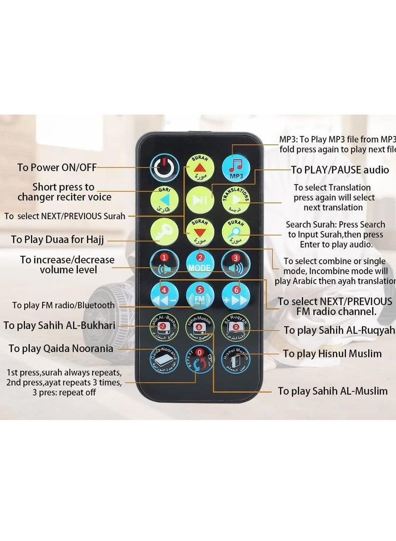 ELTRAZONE مكبر صوت القرآن المحمول بلوتوث SQ200 – مشغل MP3 بسعة 8GB مع جهاز تحكم عن بعد، راديو FM، وترجمة القرآن (أزرق) - Image 4