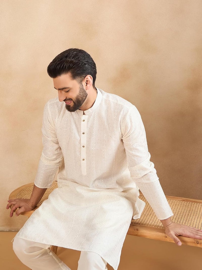SWAGG INDIA كُرتا تقليدي عادي من الكتان مزخرف بالزهور للرجال - Image 5