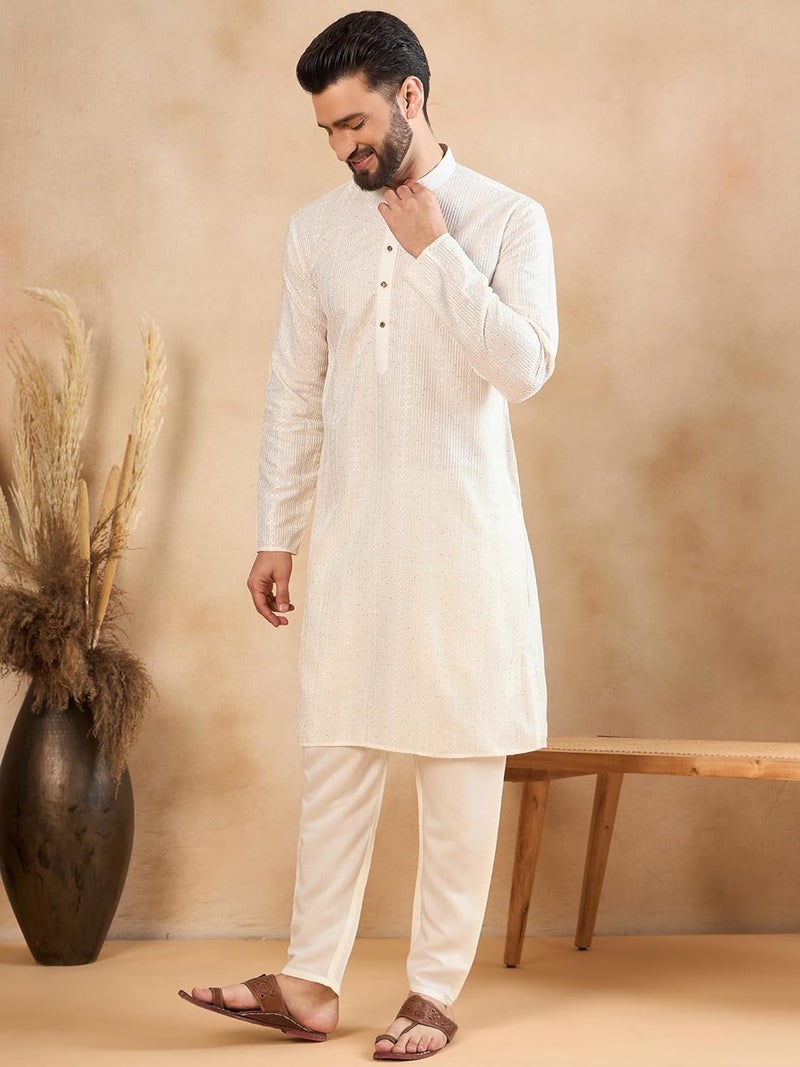 SWAGG INDIA كُرتا تقليدي عادي من الكتان مزخرف بالزهور للرجال - Image 3