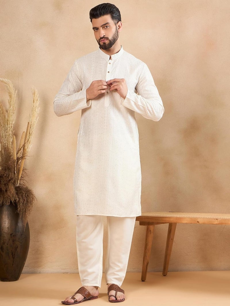 SWAGG INDIA كُرتا تقليدي عادي من الكتان مزخرف بالزهور للرجال - Image 2