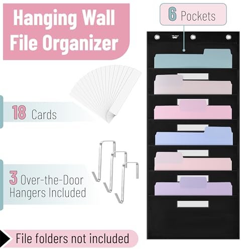 Mr. Pen Mr Pen Hanging Wall File Organizer with 6 Name Tag 6 Pocket 3 Overdoor Hangers Included Over The Door File Organizer Hanging File Organizer for Wall Steel Black - Image 3