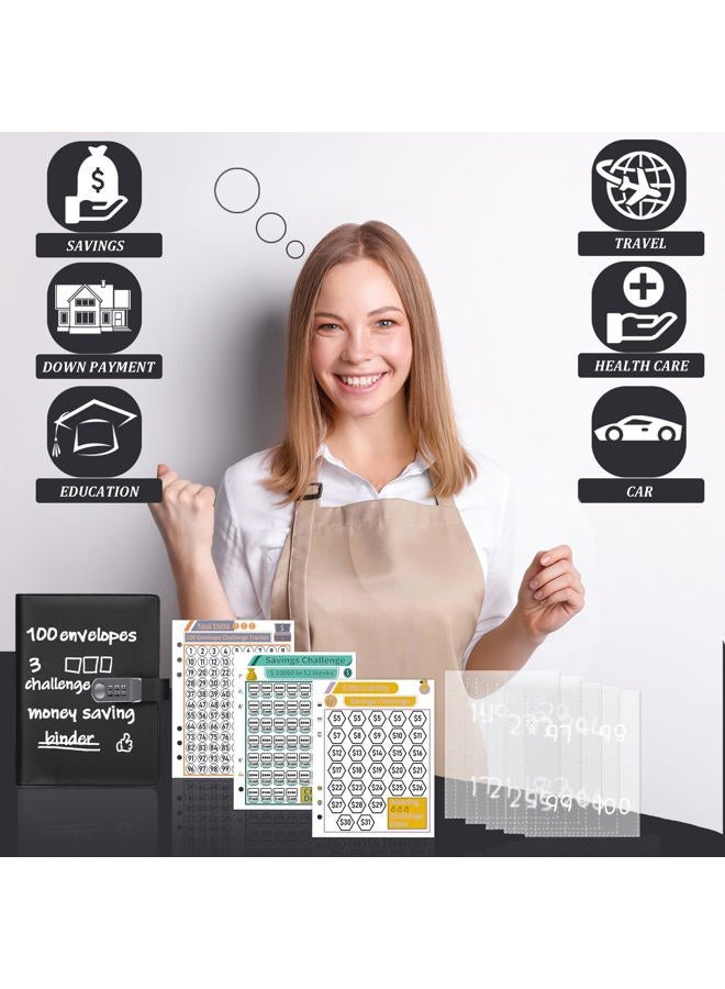 Antner 100 Envelopes Money Saving Challenge Binder with Lock, A5 Savings Binder Challenge Book Budget Planner with Cash Envelopes for Money Saving - Password Lock to Protect Cash Security, Black - Image 4