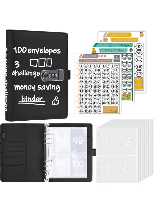 Antner 100 Envelopes Money Saving Challenge Binder with Lock, A5 Savings Binder Challenge Book Budget Planner with Cash Envelopes for Money Saving - Password Lock to Protect Cash Security, Black - Image 1