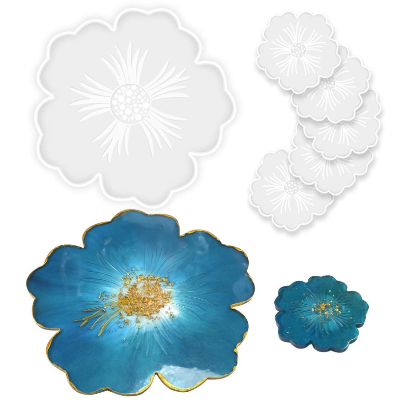 Panamalar Silicone Resin Molds, 1PCS Large Resin Tray Mold and 5PCS Coaster Molds for Resin Casting, Flower Shape Epoxy Resins Casting Molds for DIY, Home Decoration, Table Wine Tray-6 PCS - Image 1