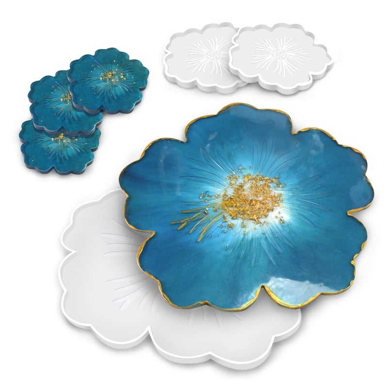Panamalar Silicone Resin Molds, 1PCS Large Resin Tray Mold and 5PCS Coaster Molds for Resin Casting, Flower Shape Epoxy Resins Casting Molds for DIY, Home Decoration, Table Wine Tray-6 PCS - Image 4