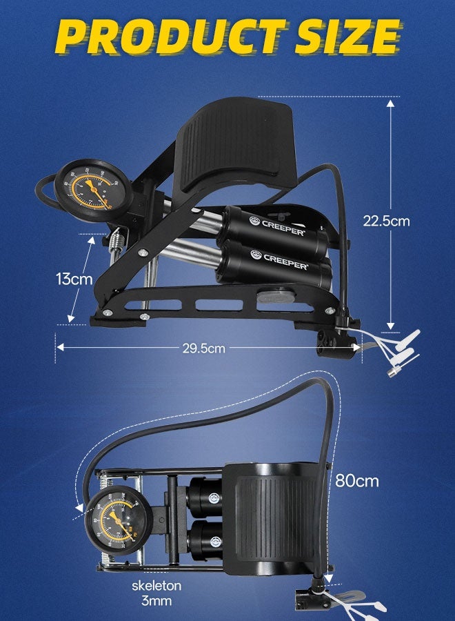 CREEPER Double Barrel Bike Floor Foot Pump,Portable Air Pump Inflator Pump with 160PSI Precision Pressure Gauge Fits Presta Schrader and Deutschland Valve for Bicycle,Ball,Scooter,Car,Toys Inflatable - Image 2