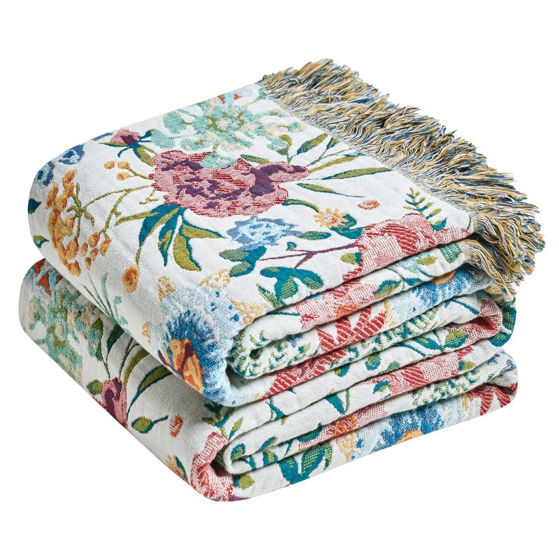 LUTBM Boho Throw Blanket for Bed Cotton Spring Blankets for Bedroom Living Room Twin All Season Lightweight Floral Embroidery Quilt for Couch Sofa Chair 60"x80" - Image 1