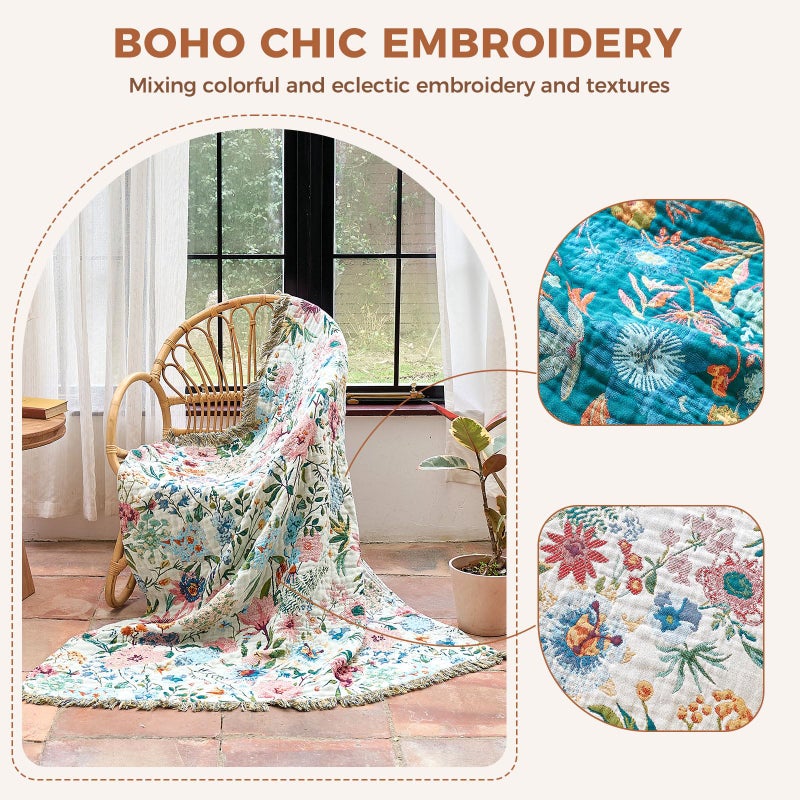 LUTBM Boho Throw Blanket for Bed Cotton Spring Blankets for Bedroom Living Room Twin All Season Lightweight Floral Embroidery Quilt for Couch Sofa Chair 60"x80" - Image 3